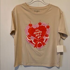 Free Kisses Beige T-Shirt with Heart and Cherry Design